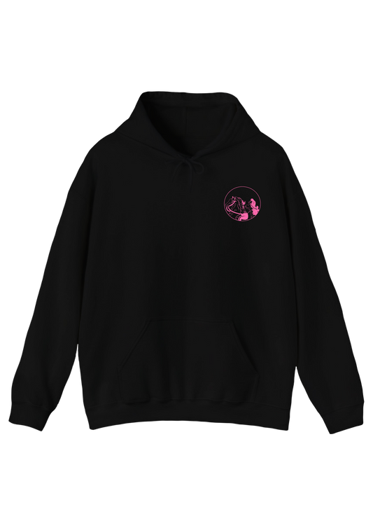 Puff Berry black hoodie with pink pony cowgirl puffberry
