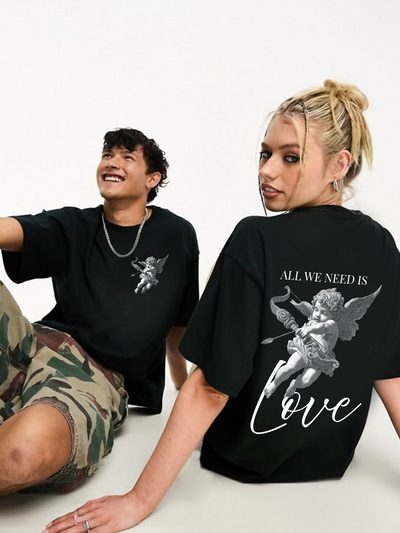 Man and woman wearing black t-shirt 