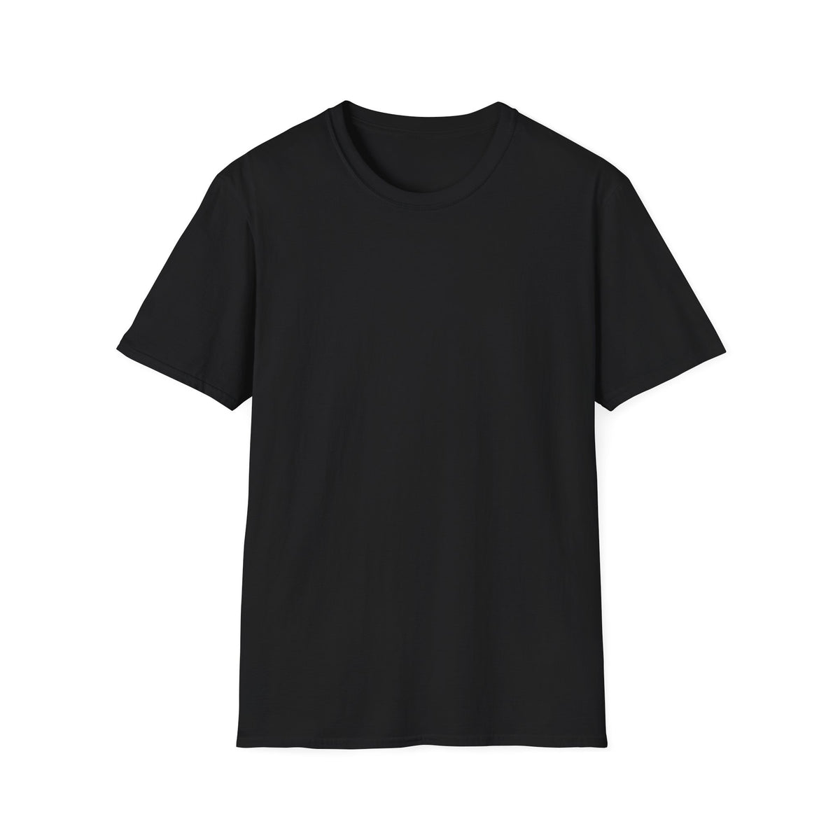 A plain black short-sleeve crewneck t-shirt shown from the front, laid flat against a solid white background.