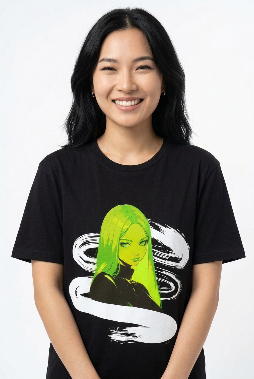 Green Neon Girl Black Tee