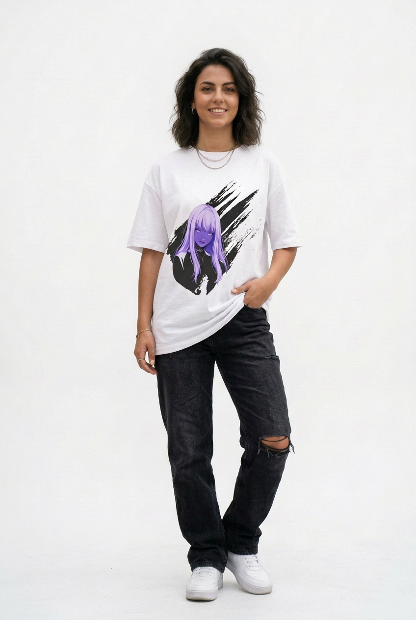 Purple Neon Girl White Tee