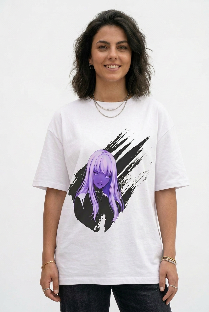 Purple Neon Girl White Tee