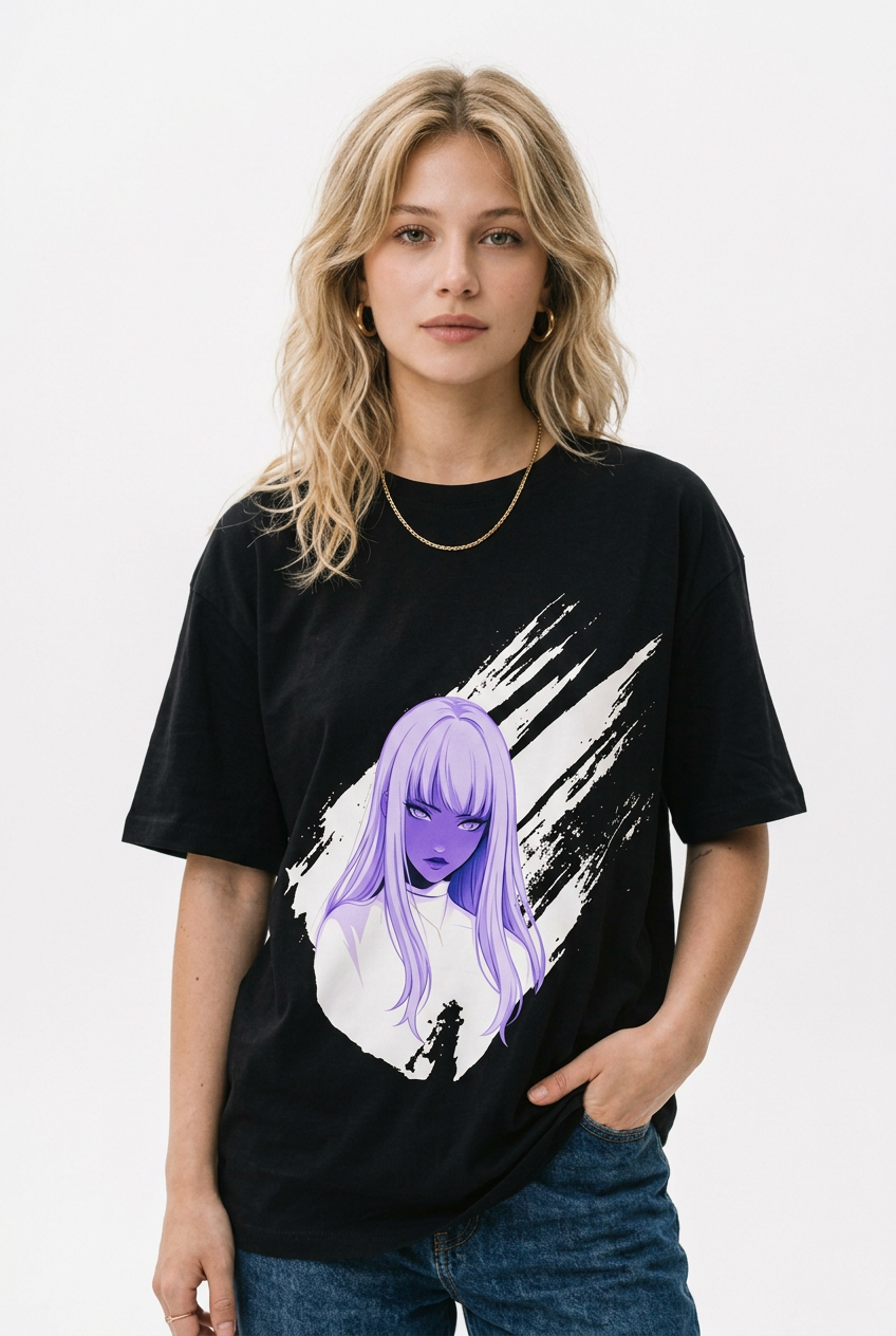 Purple Neon Girl Black Tee