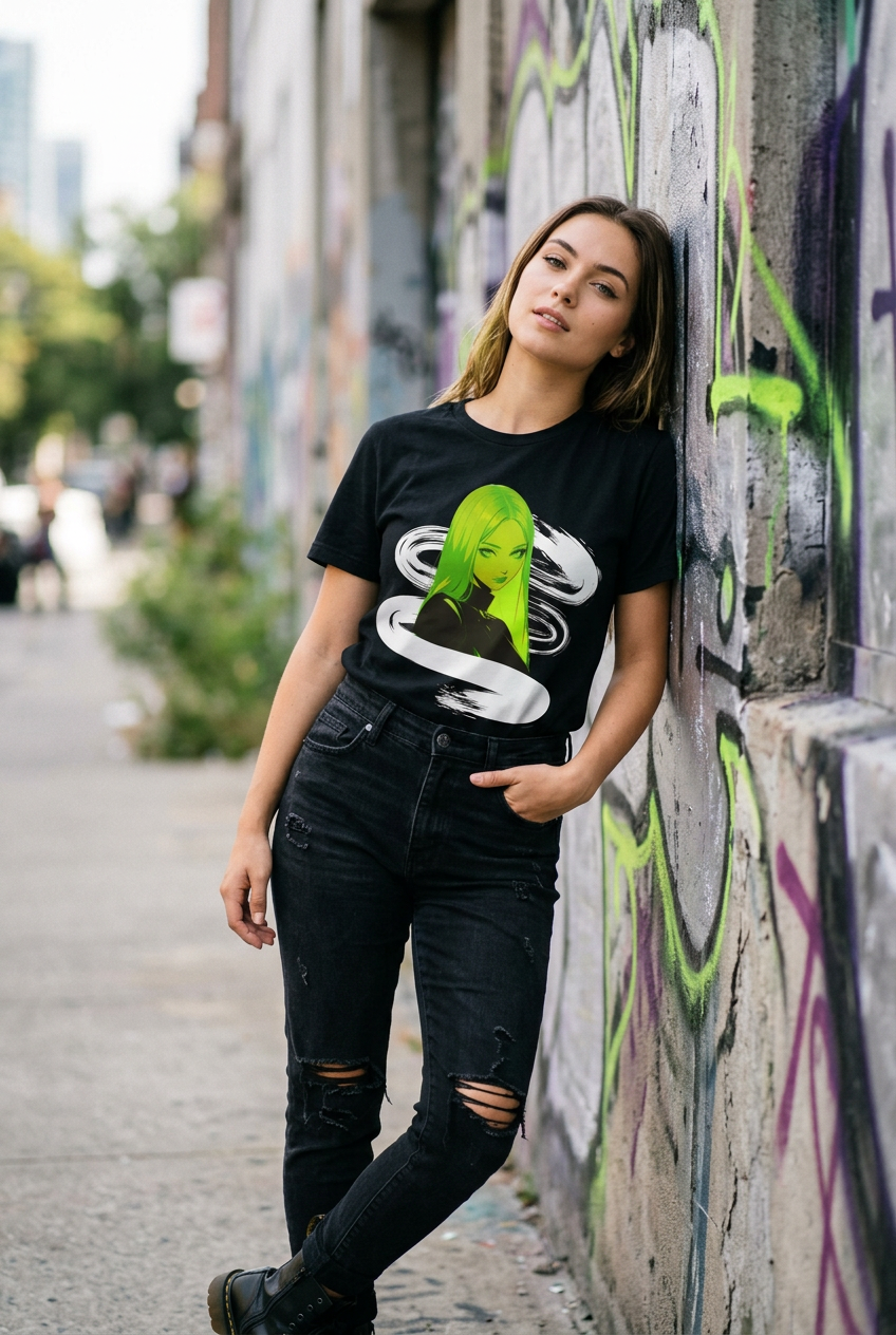 Green Neon Girl Black Tee