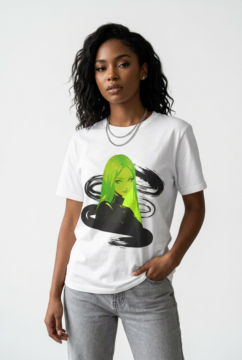 Green Neon Girl White Tee
