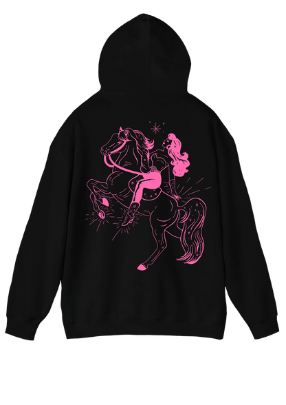 Puff Berry black hoodie with pink pony cowgirl puffberry