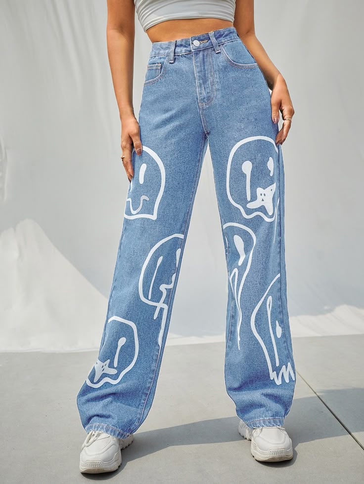 Smiley Wide Leg Blue Jeans