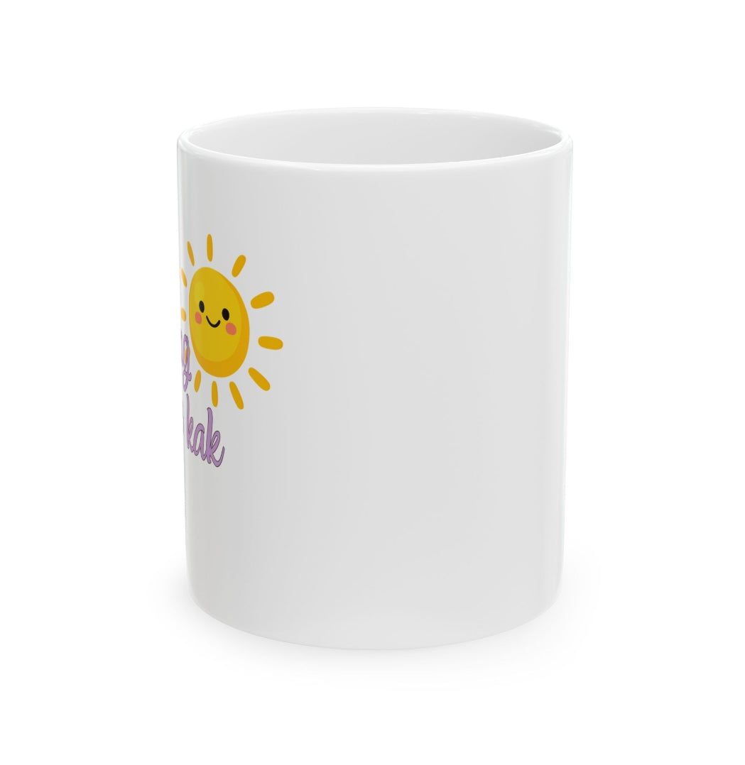A white ceramic mug featuring a cute yellow cartoon sun graphic and the words 'Sunrise' in purple script, shown on a clean white background.