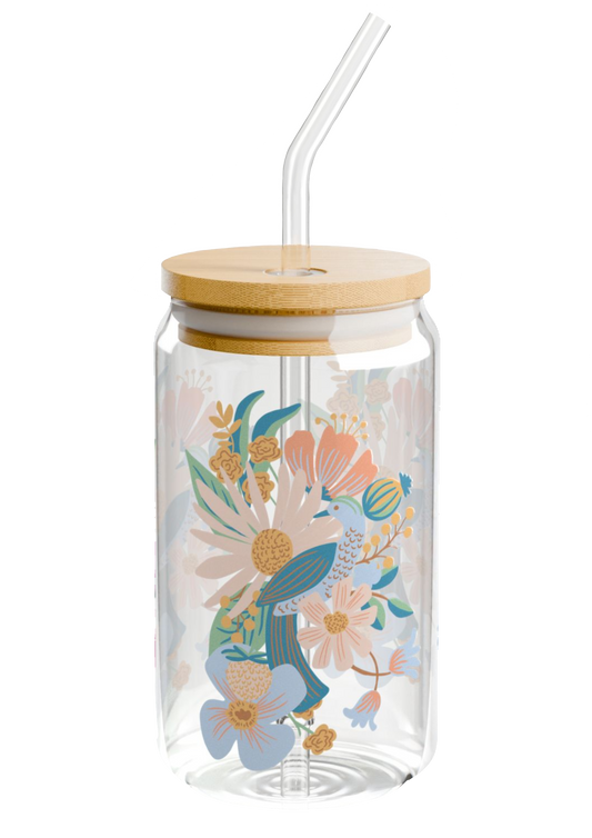Peacock Glass Mug with Lid - Puff Berry
