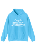 Blue hoodie with white text on a transparent background