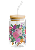 Floral Glass Mug with Lid - Puff Berry