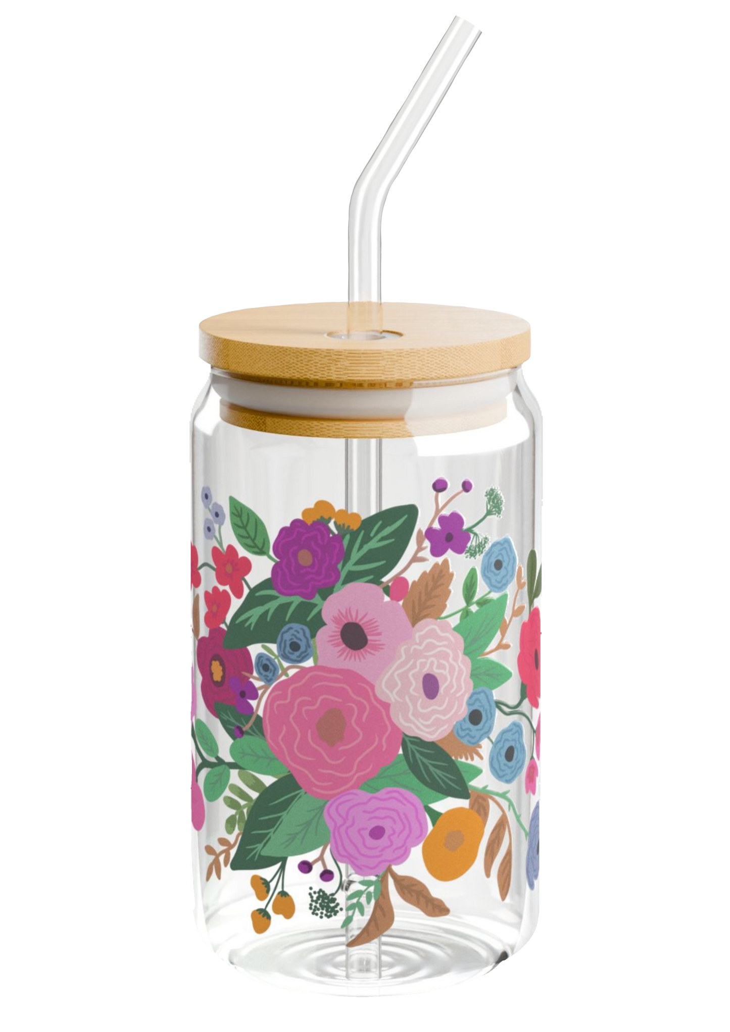 Floral Glass Mug with Lid - Puff Berry