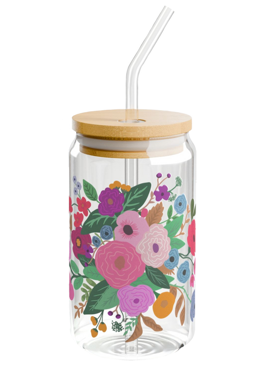 Floral Glass Mug with Lid - Puff Berry