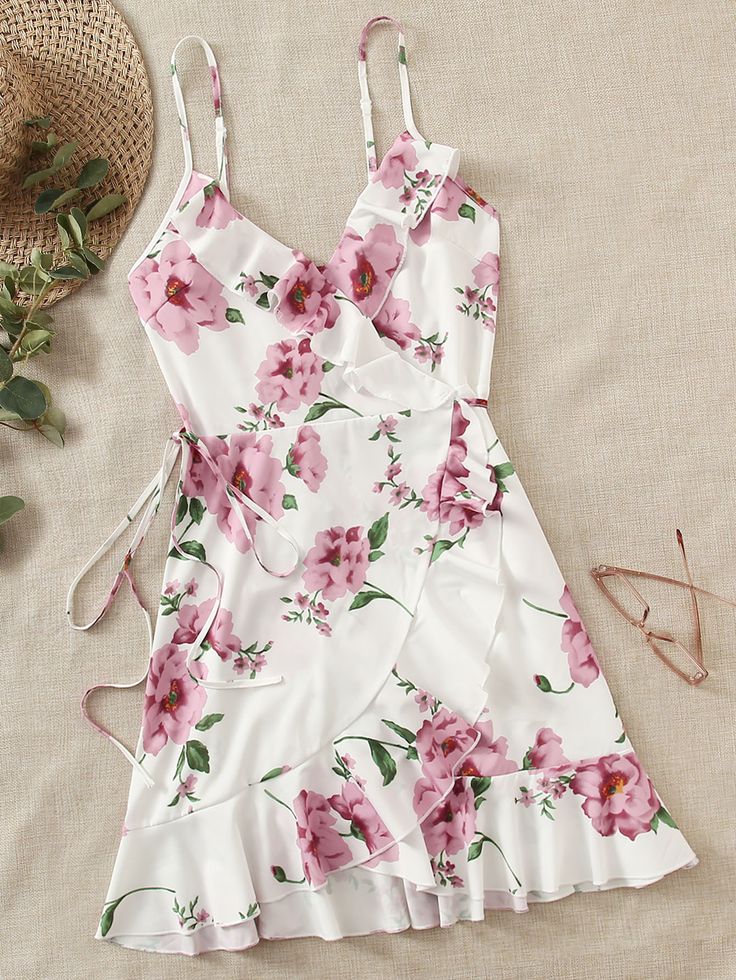 White and Pink Floral Wrap Dress