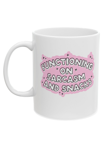 Sarcasm and Snacks White Mug - Puff Berry
