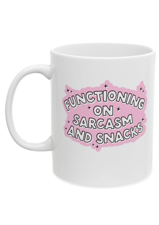 Sarcasm and Snacks White Mug - Puff Berry
