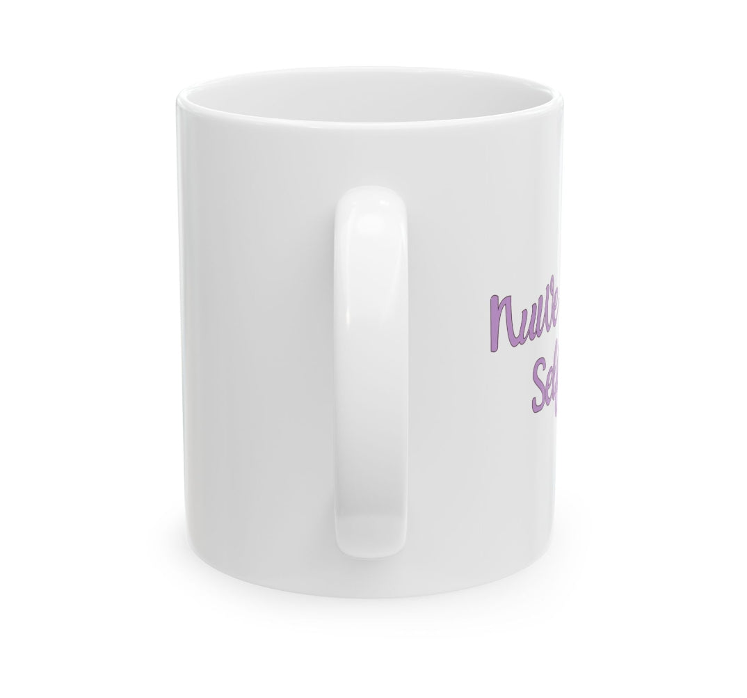 A white ceramic mug with a handle on the left, featuring partial purple text printed on the side, shown against a plain white background.