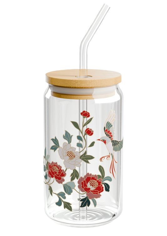 Floral Glass Mug with Lid