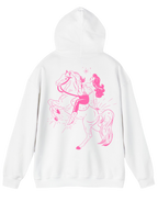 Puff Berry white hoodie with pink pony cowgirl puffberry