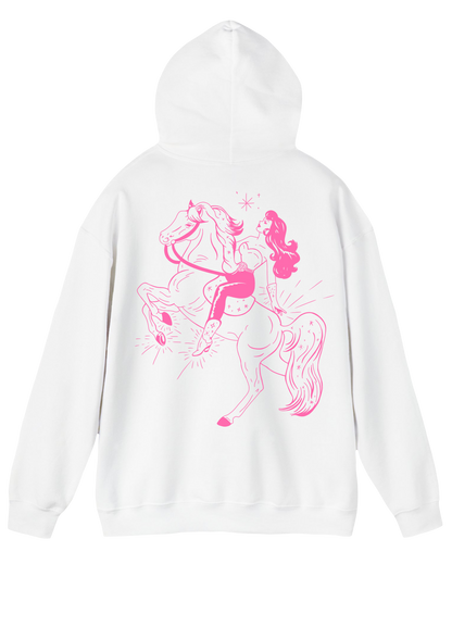 Puff Berry white hoodie with pink pony cowgirl puffberry