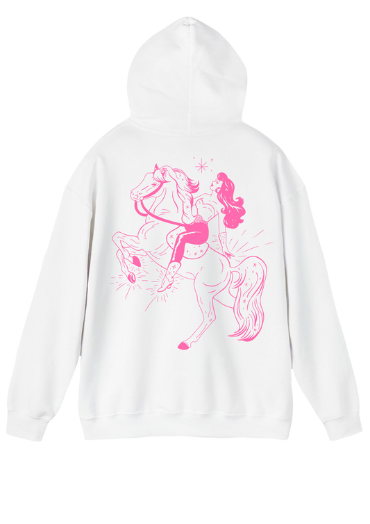 Puff Berry white hoodie with pink pony cowgirl puffberry