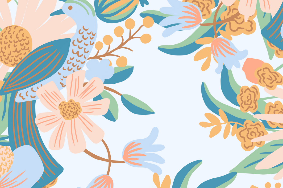 A repeating botanical pattern featuring large pale peach flowers, teal and blue leaves, and stylized birds in blue and peach on a very light blue background.